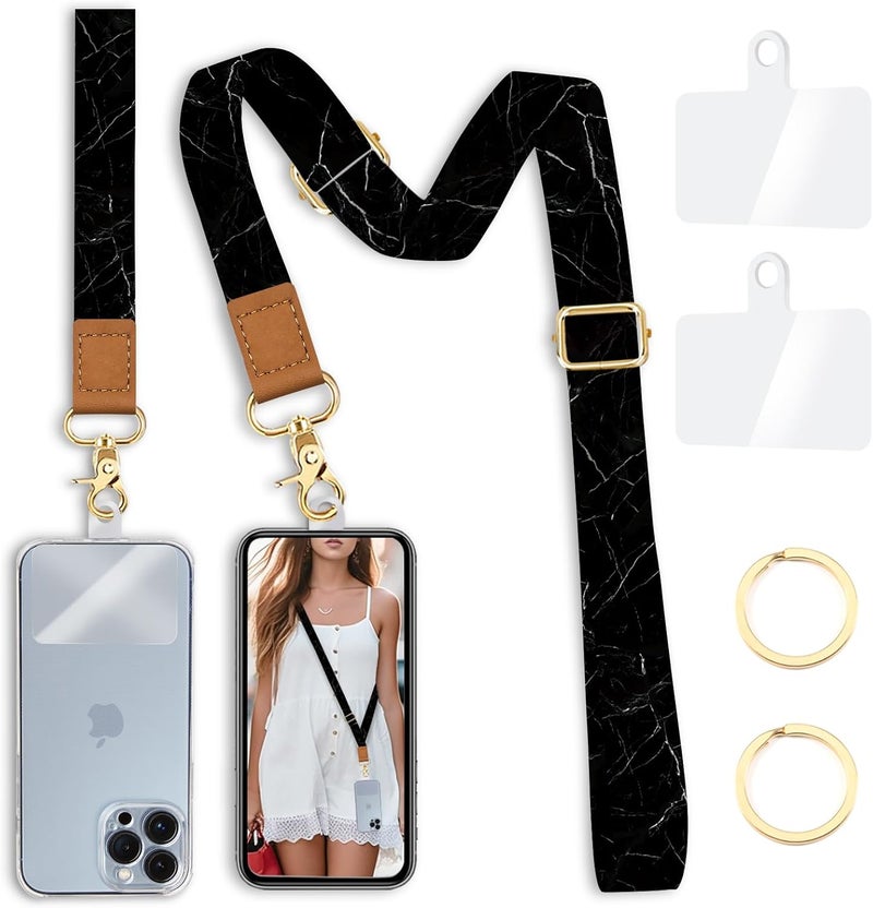 Yonlevres Phone Lanyard Crossbody Wrist Strap, Black Marble Adjustable Cell Phone Lanyard Wristlet Strap with 2 Tether Tabs for Women ID Badges Accessories - Image 1